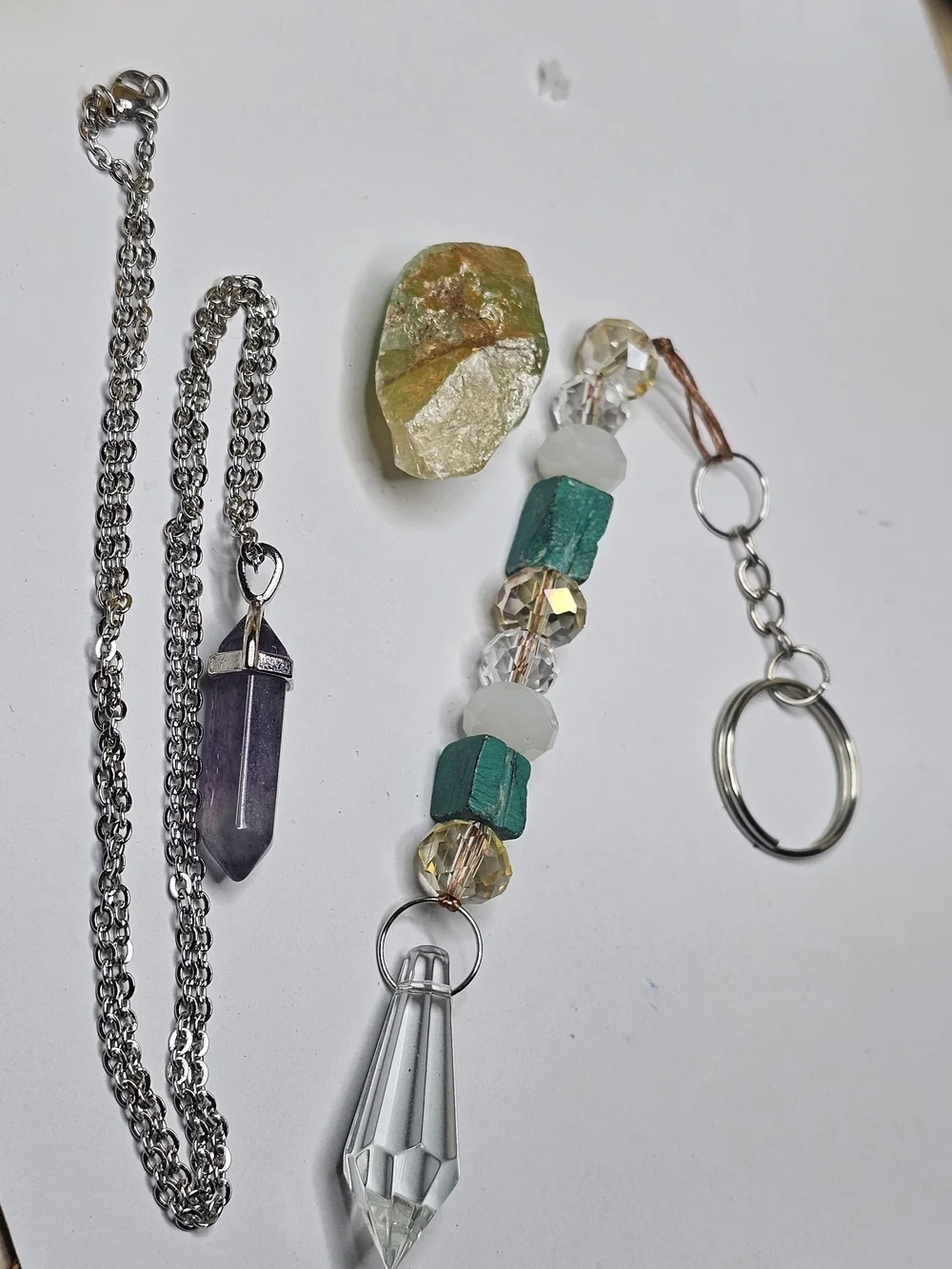 Mixed Crystal Pendant Necklace and Keychain Set in Green and Aqua